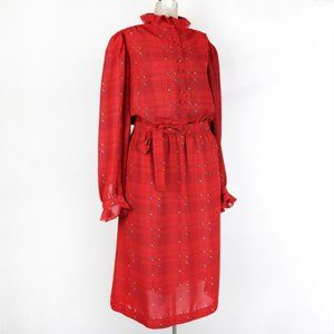 Vintage Red Geometric Print Ms. Chaus Size 8 Primary Color Button Down Dress